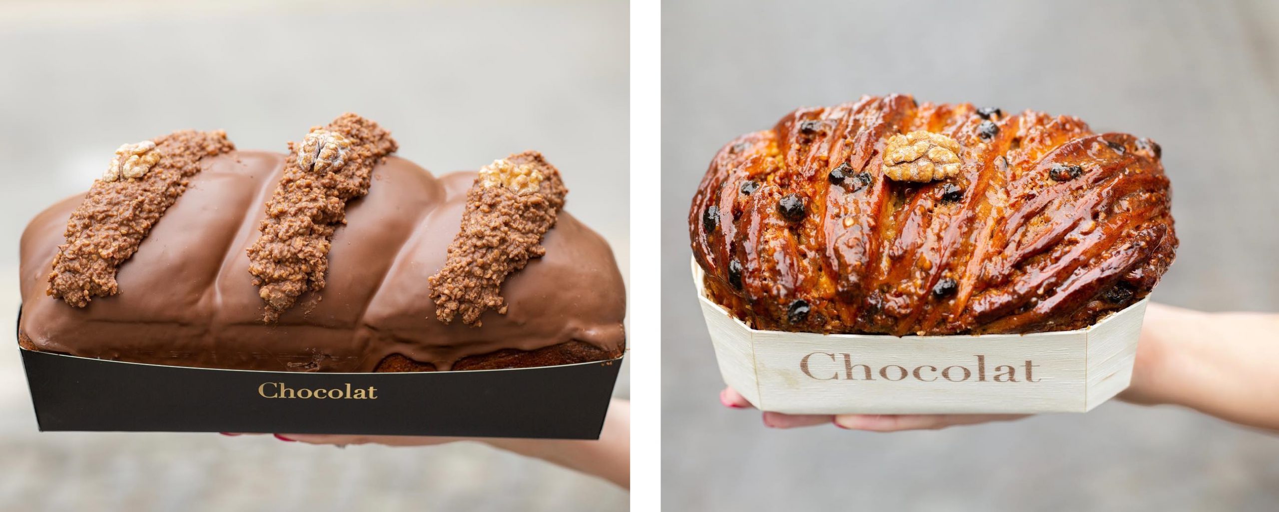 doua tipuri de cozonac de la Chocolat, unul tradițional și altul glazurat cu ciocolata belgiana
