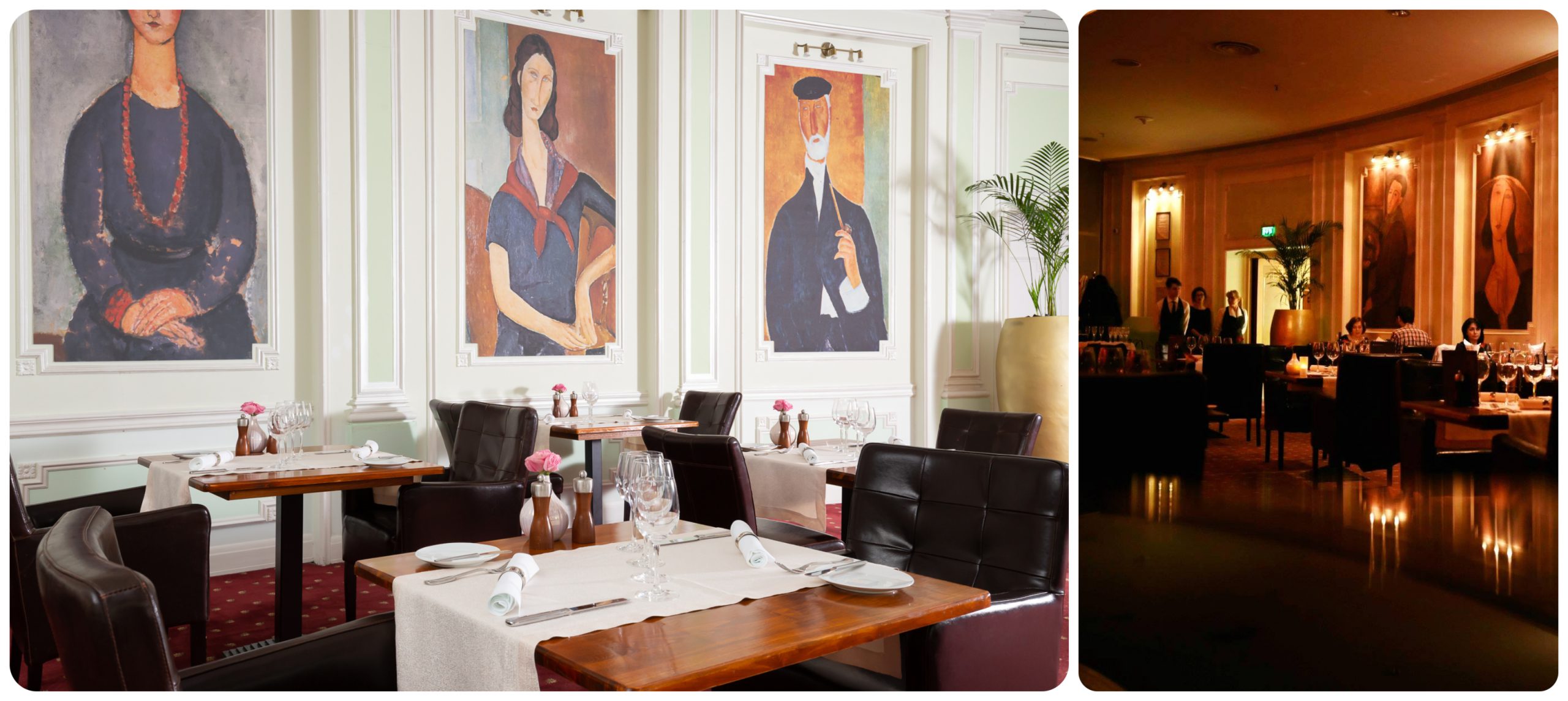 colaj de 2 fotografii din restaurant Modigliani, una cu perete alb cu 3 tablouri copie dupa lucrarile pictorului Modigliani, mese si scaune de lemn maro si stergare albe, a doua cu restaurantul in lumina difuza si oameni luand masa