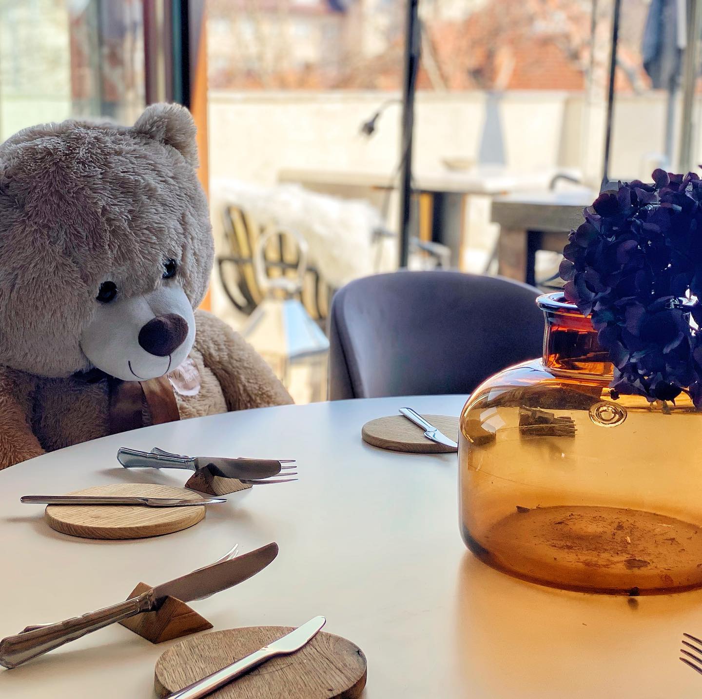 urs de pluș așezat la o masa rotundă de la restaurant Maize farm to table